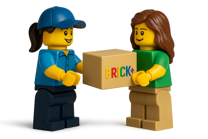 Two LEGO minifigures holding a box with 'BRICK+' on it against a white background