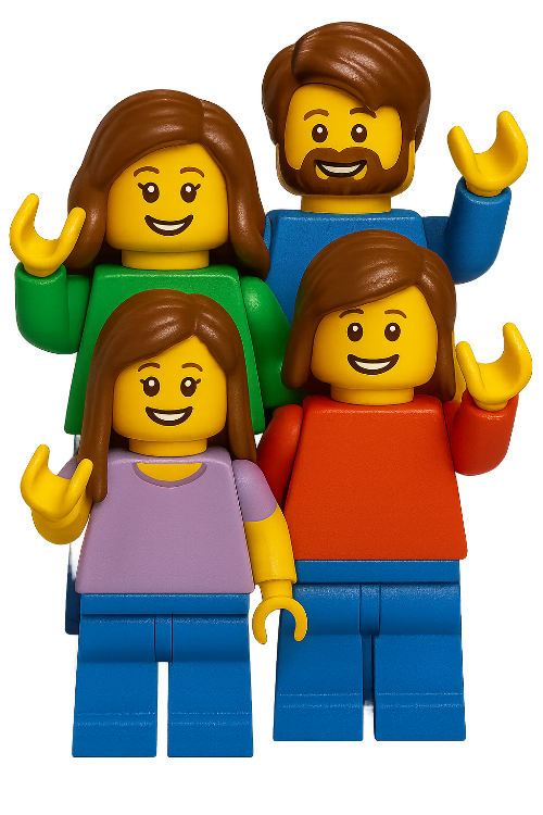 Image of LEGO minifigure family with a mum, dad, and two female children
