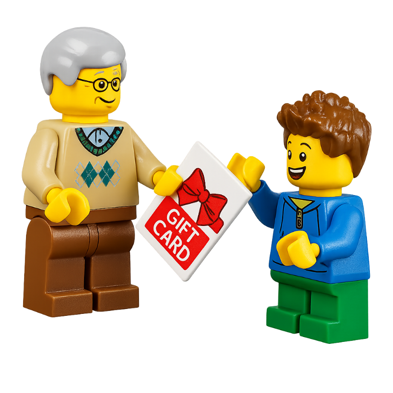 Two LEGO figures, one holding a 'Gift Card' with a red bow, on a white background