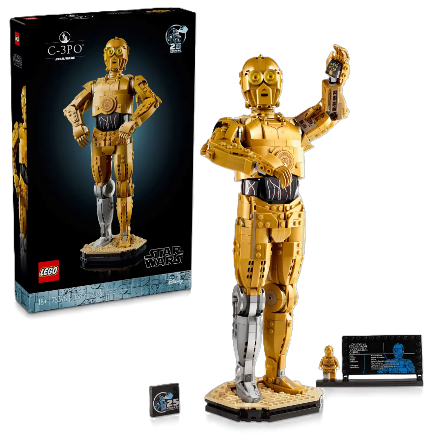 LEGO Star Wars C-3PO set number 75398, buildable golden droid model with 1138 pieces and display stand for collectors.