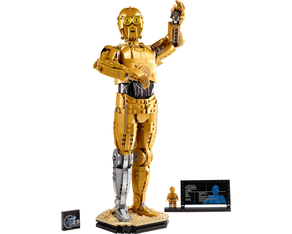 LEGO Star Wars C-3PO set number 75398, buildable golden droid model with 1135 pieces and display stand for collectors.