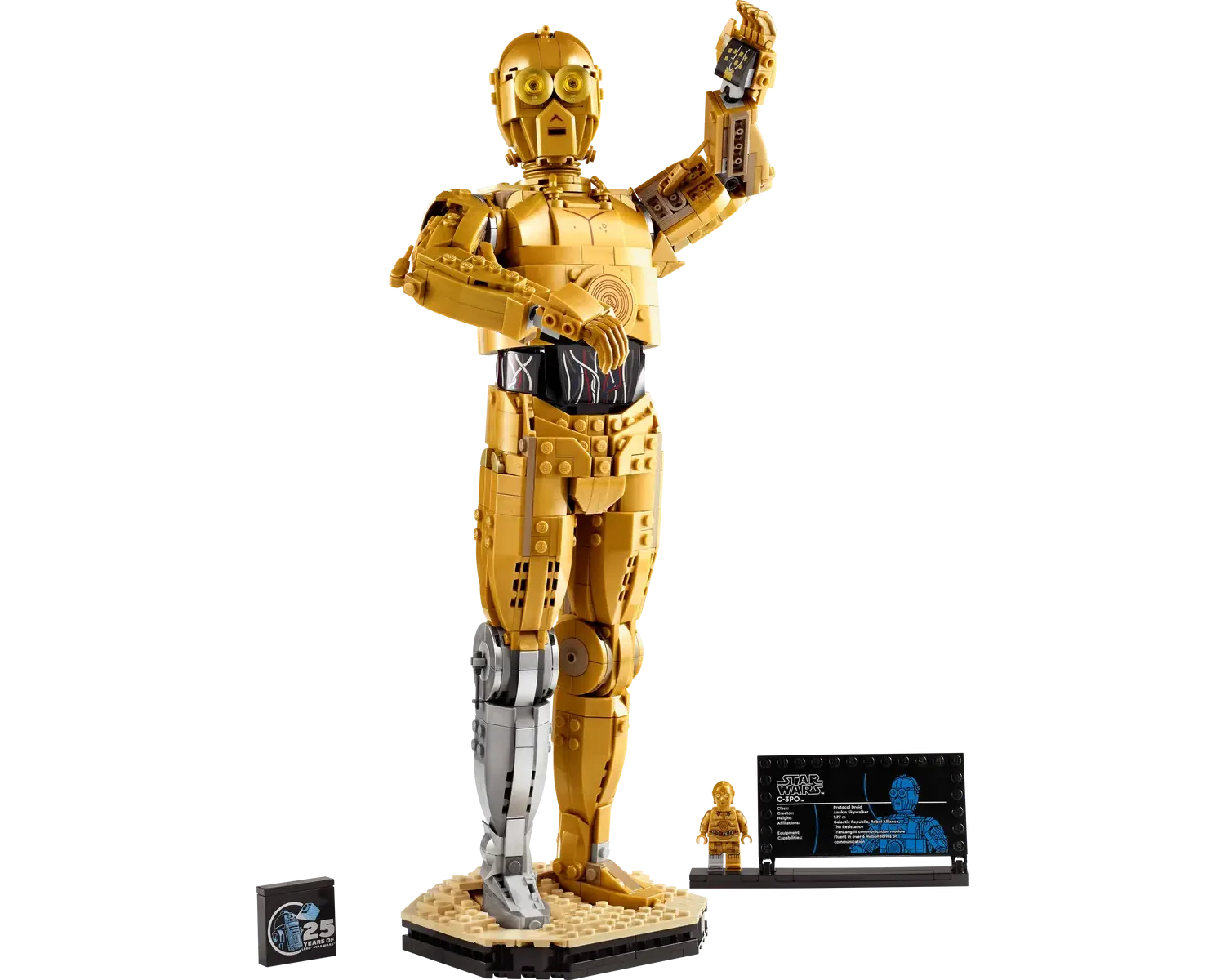 LEGO Star Wars C-3PO set number 75398, buildable golden droid model with 1135 pieces and display stand for collectors.