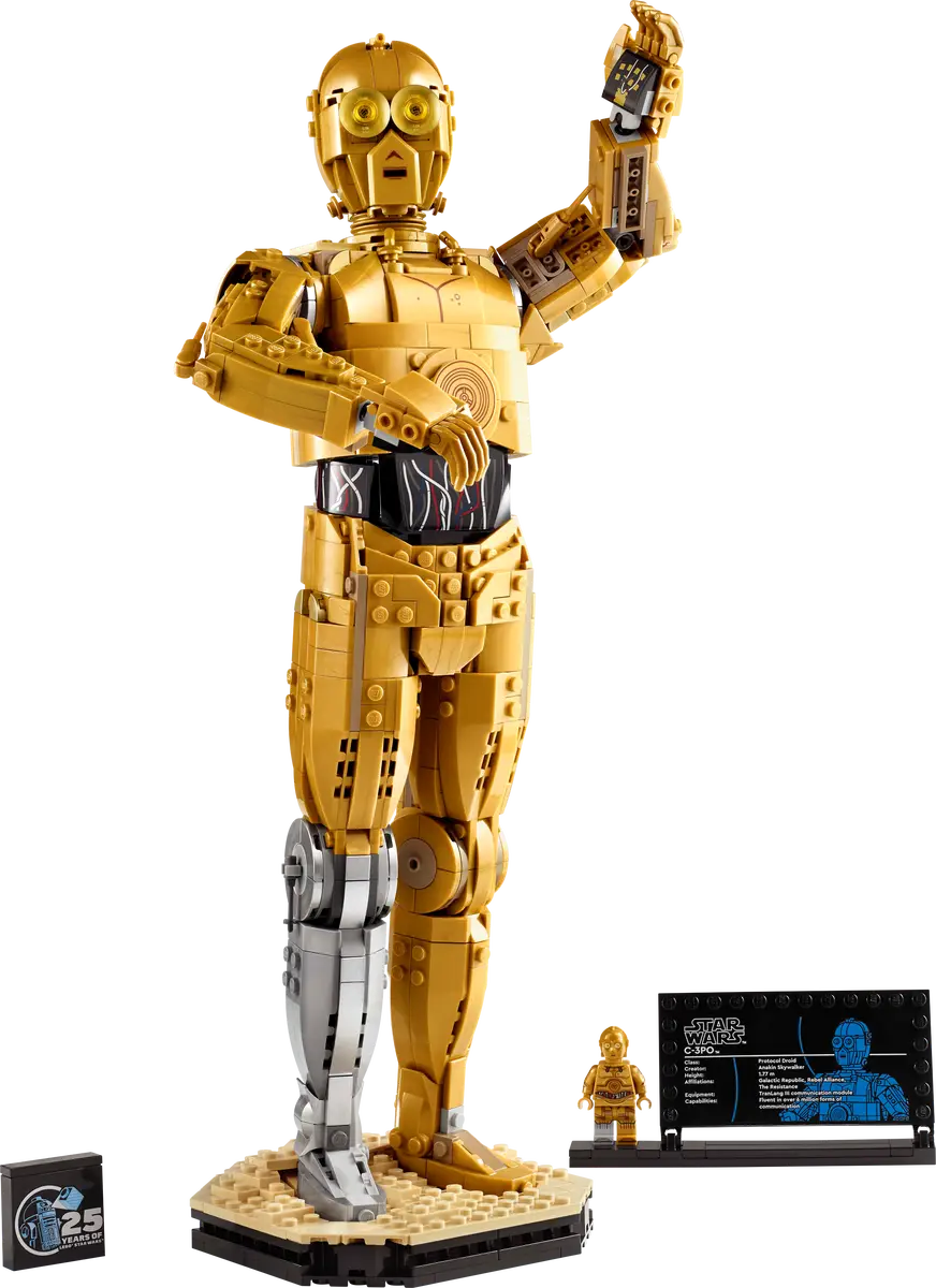 LEGO Star Wars C-3PO set number 75398, buildable golden droid model with 1135 pieces and display stand for collectors.