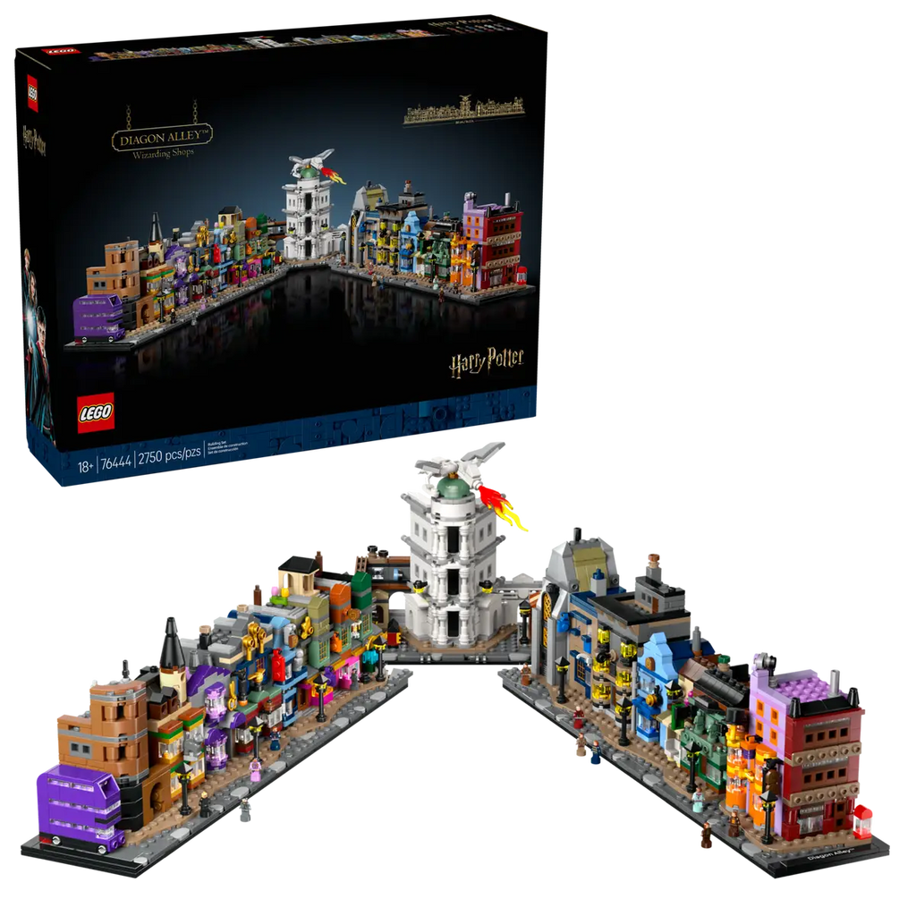 LEGO Harry Potter Diagon Alley Wizarding Shops set number 76444, 2750-piece buildable magical street display for adult collectors.
