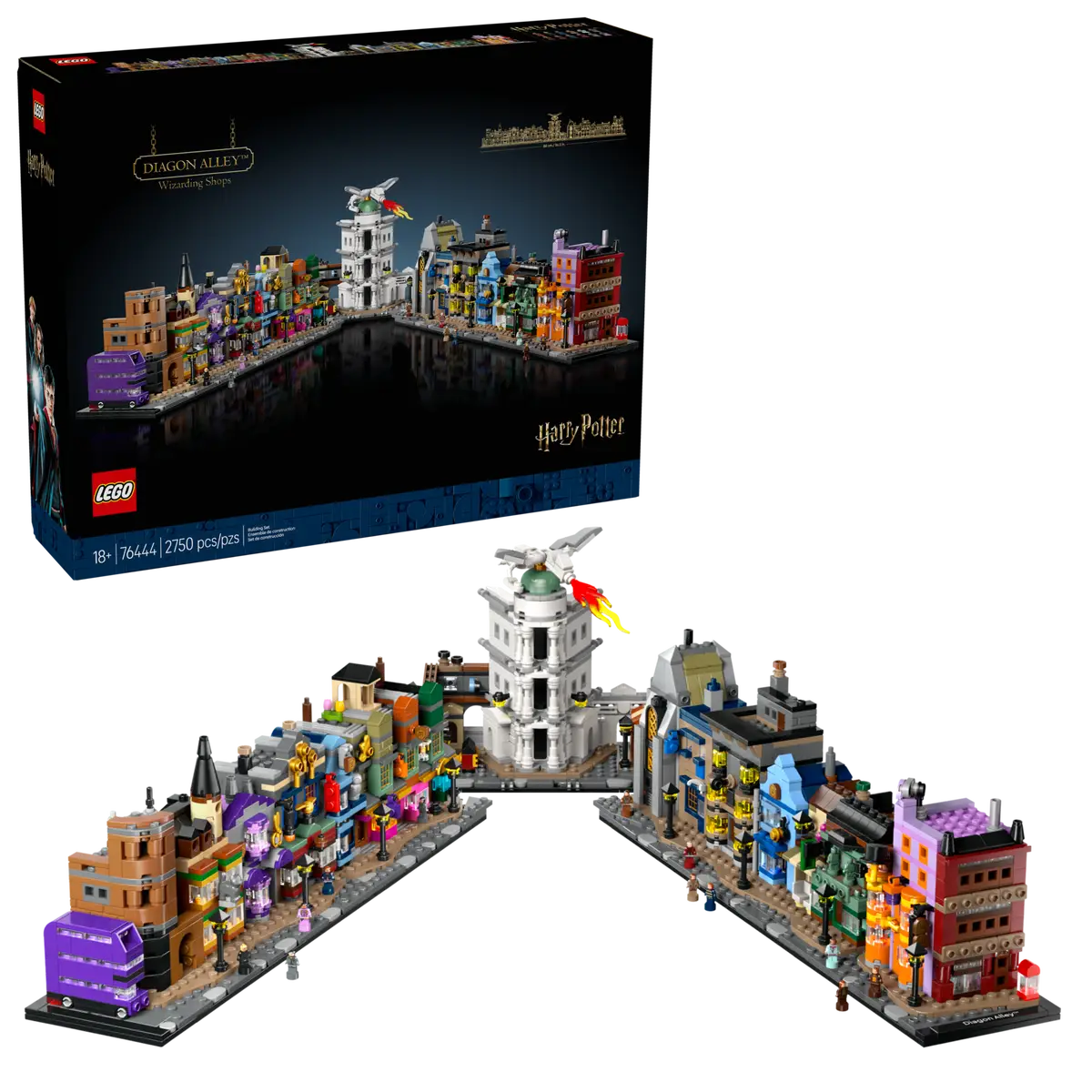 LEGO Harry Potter Diagon Alley Wizarding Shops set number 76444, 2750-piece buildable magical street display for adult collectors.