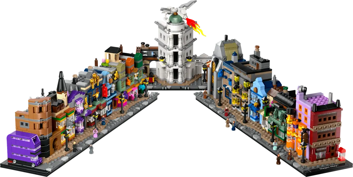 LEGO Harry Potter Diagon Alley Wizarding Shops set number 76444, 2750-piece buildable magical street display for adult collectors.