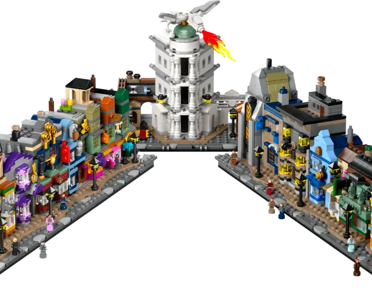 LEGO Harry Potter Diagon Alley Wizarding Shops set number 76444, 2750-piece buildable magical street display for adult collectors.