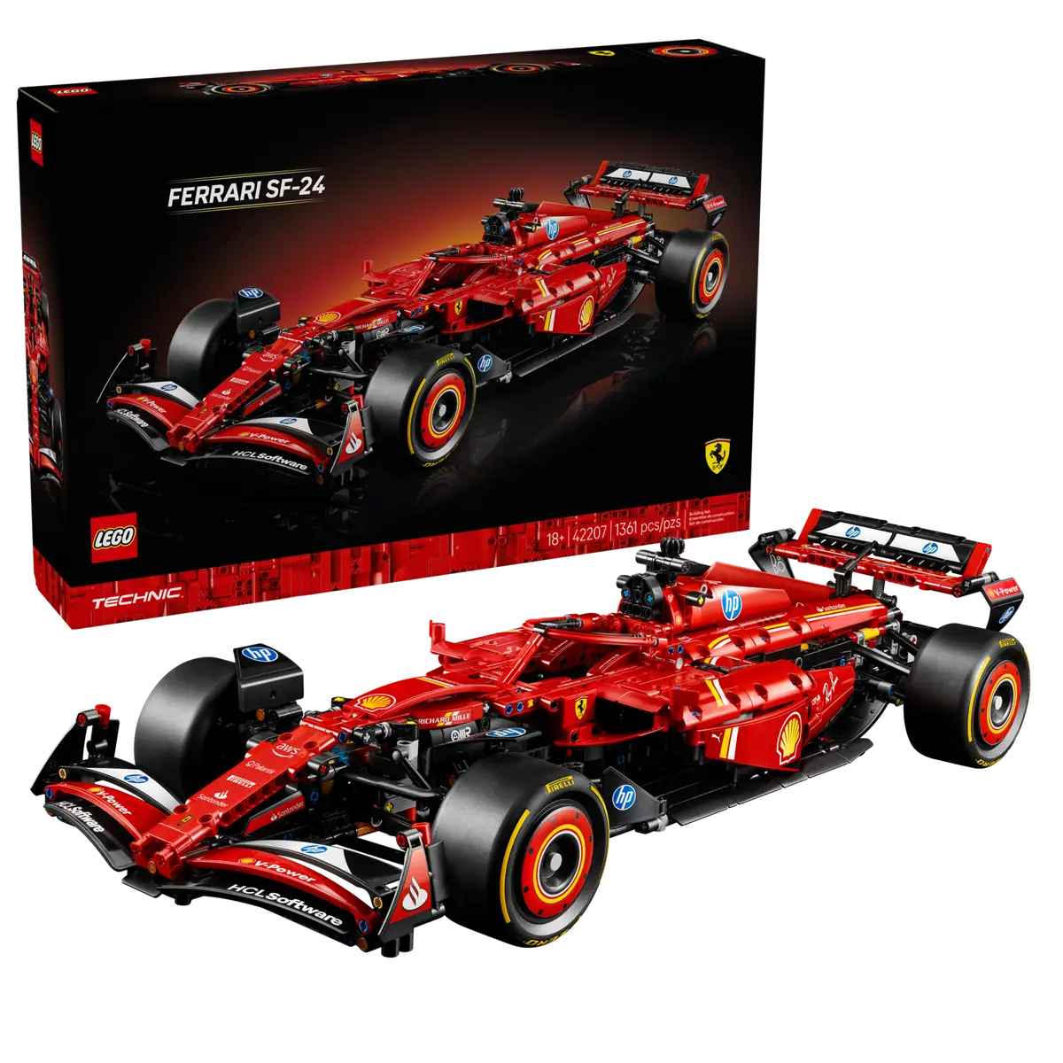 LEGO Technic Ferrari SF-24 F1 Car set number 42207, 1361-piece Formula 1 racing model for adult collectors.