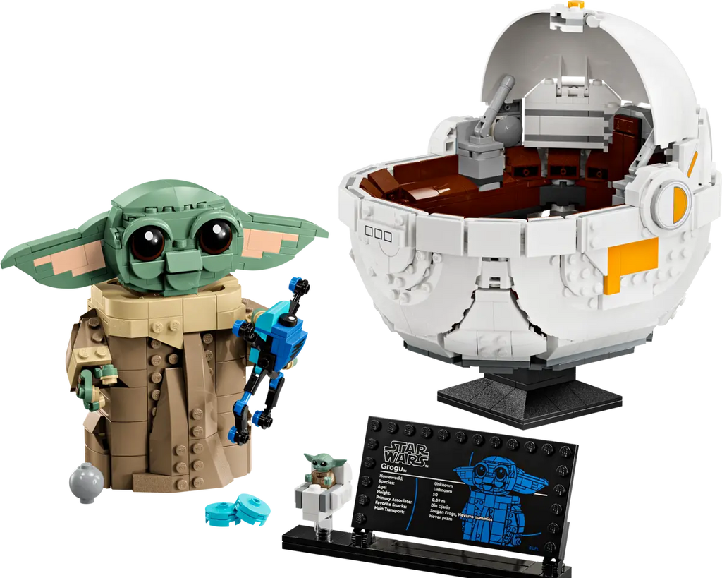 LEGO Star Wars Grogu with Hover Pram from The Mandalorian set number 75403, buildable Baby Grogu model with accessories and display stand.