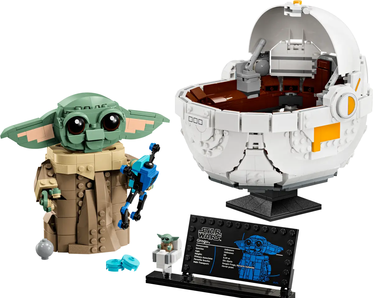 LEGO Star Wars Grogu with Hover Pram from The Mandalorian set number 75403, buildable Baby Grogu model with accessories and display stand.
