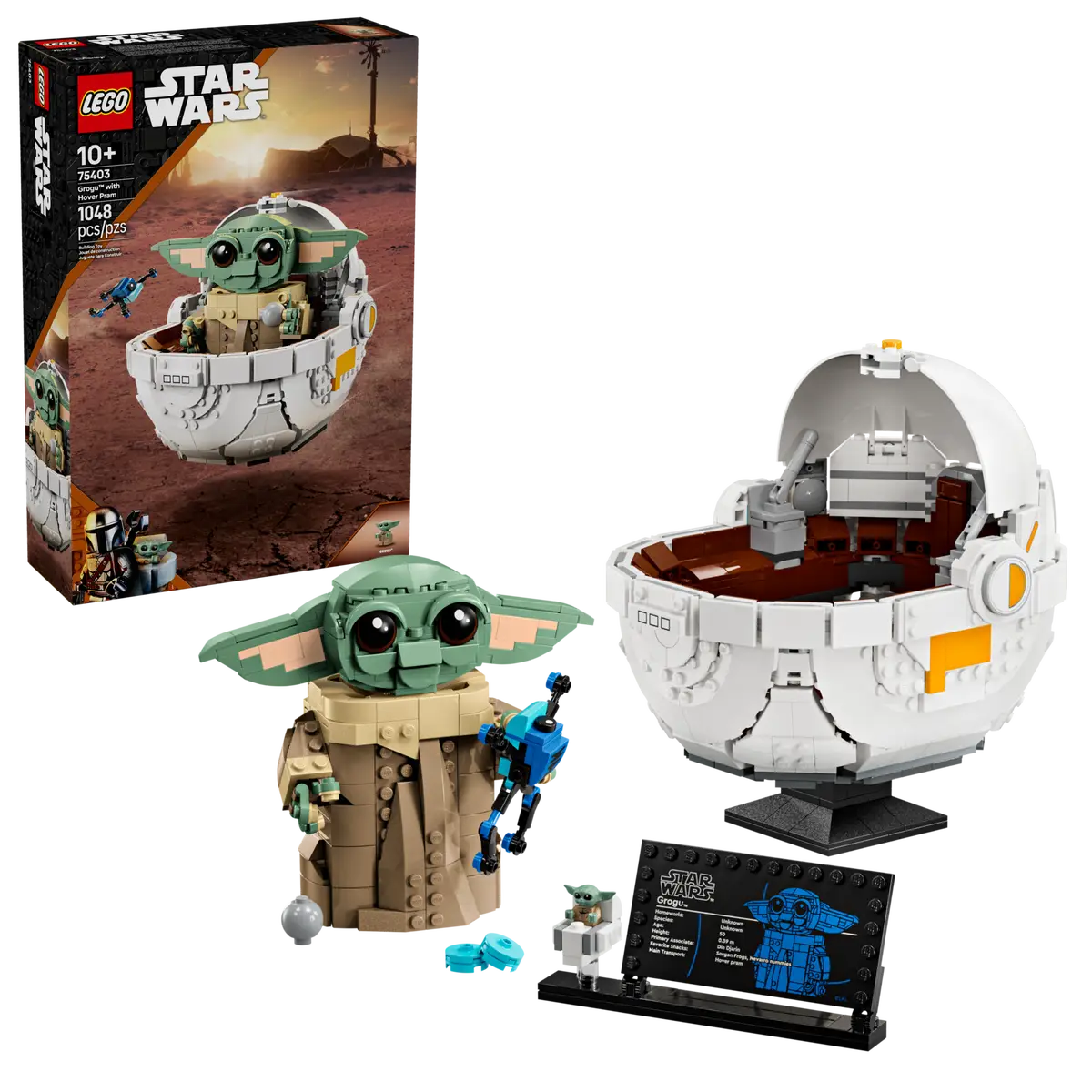 LEGO Star Wars Grogu with Hover Pram from The Mandalorian, set number 75403, buildable Baby Grogu model with accessories and display stand.