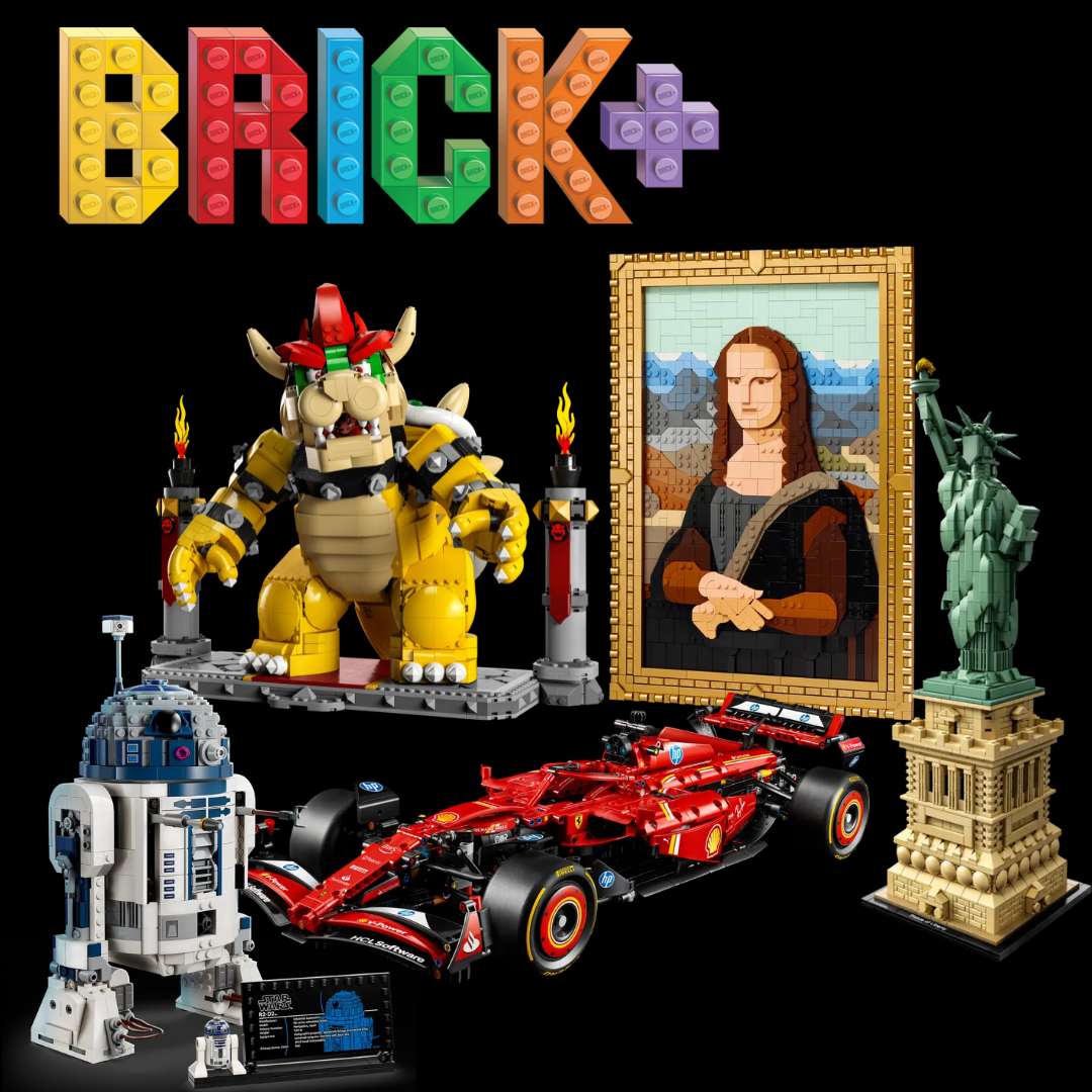 Collection of LEGO sets including a character, race car, and famous artworks on a black background with 'BRICK+' branding.