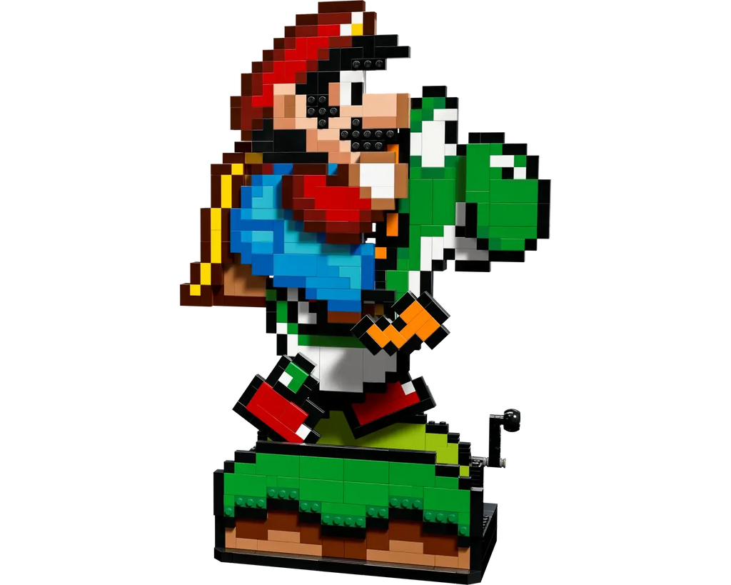 LEGO Super Mario World pixel art set featuring Mario riding Yoshi, inspired by classic Nintendo retro video game design.