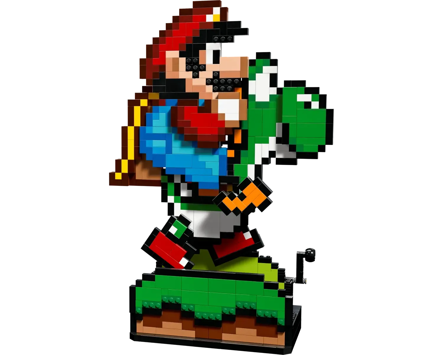 LEGO Super Mario World pixel art set featuring Mario riding Yoshi, inspired by classic Nintendo retro video game design.