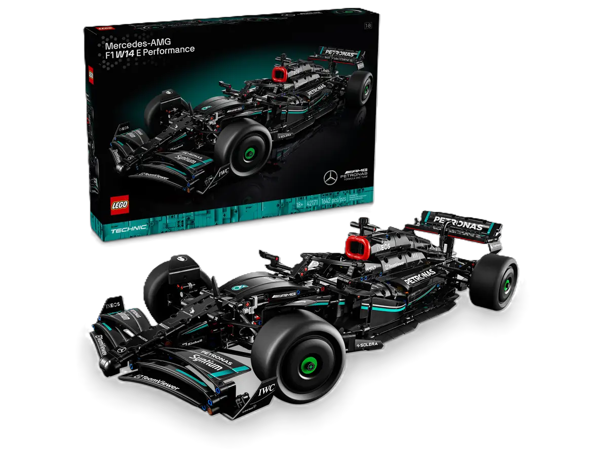 LEGO Technic Mercedes-AMG F1 W14 E Performance set number 42171, detailed Formula 1 race car model with 1643 pieces for adult collectors.