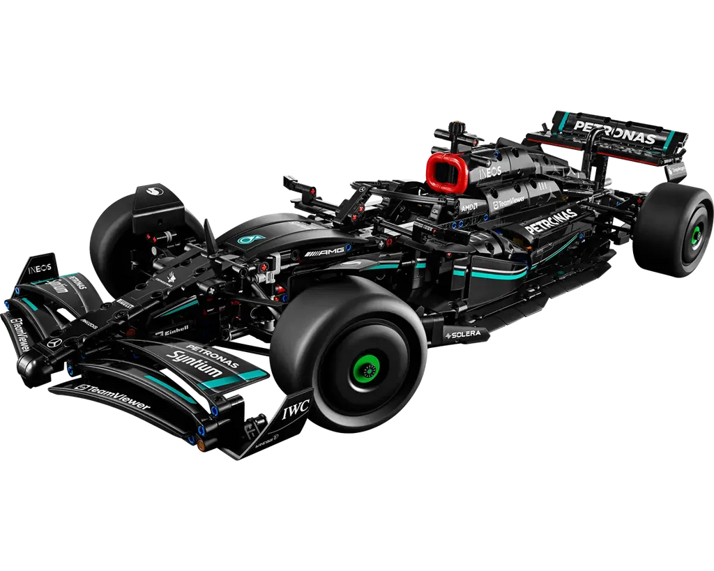 LEGO Technic Mercedes-AMG F1 W14 E Performance set number 42171, detailed Formula 1 race car model with 1643 pieces for adult collectors.