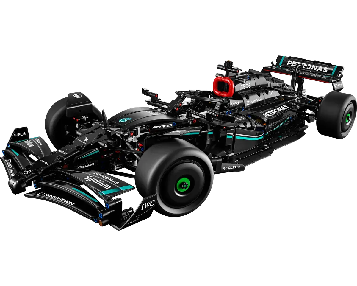 LEGO Technic Mercedes-AMG F1 W14 E Performance set number 42171, detailed Formula 1 race car model with 1643 pieces for adult collectors.