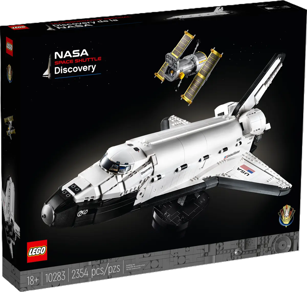 LEGO NASA Space Shuttle Discovery set number 10283 with Hubble Telescope, 2354-piece model for adult space fans.