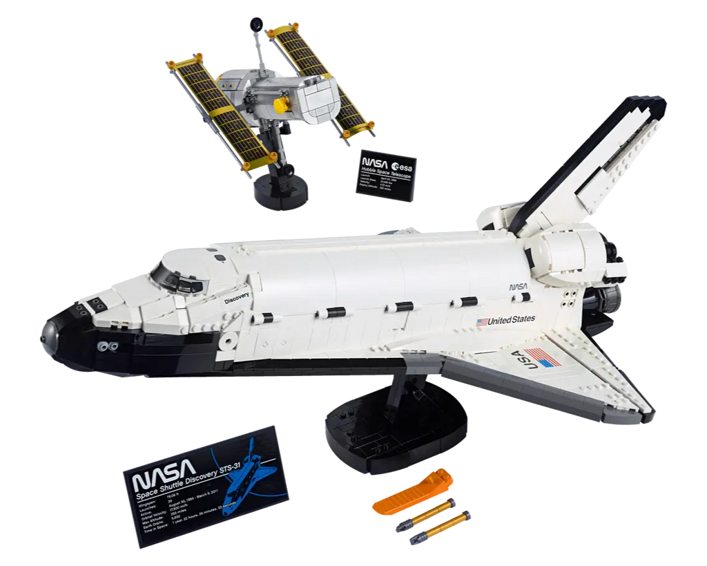 LEGO NASA Space Shuttle Discovery set number 10283 with Hubble Telescope, 2354-piece model for adult space fans.