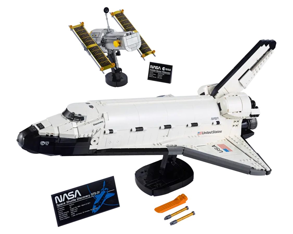 LEGO NASA Space Shuttle Discovery set number 10283 with Hubble Telescope, 2354-piece model for adult space fans.