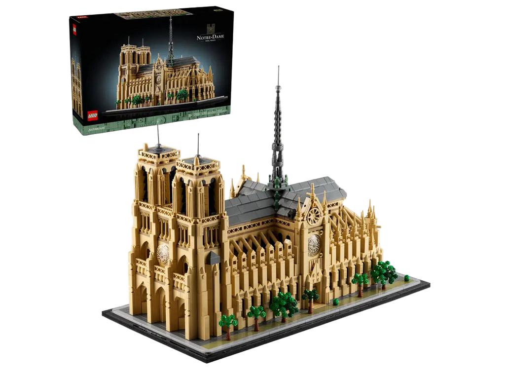 LEGO model of Notre-Dame Cathedral with packaging in the background