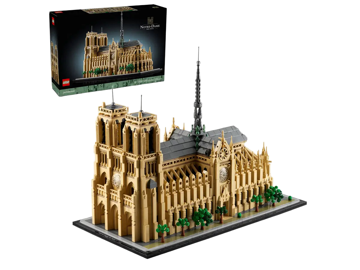 LEGO model of Notre-Dame Cathedral with packaging in the background