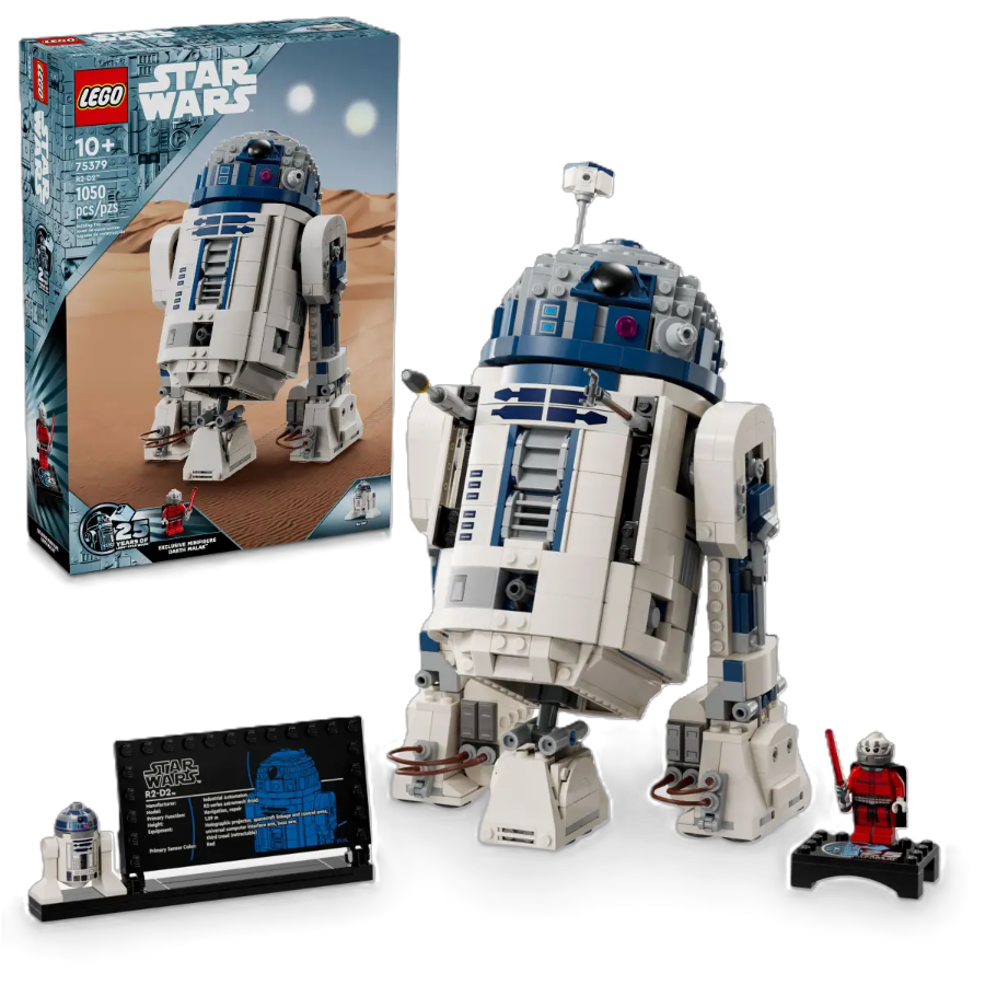 LEGO Star Wars R2-D2 set number 75379 with 1050 pieces, buildable droid model including display stand and minifigures