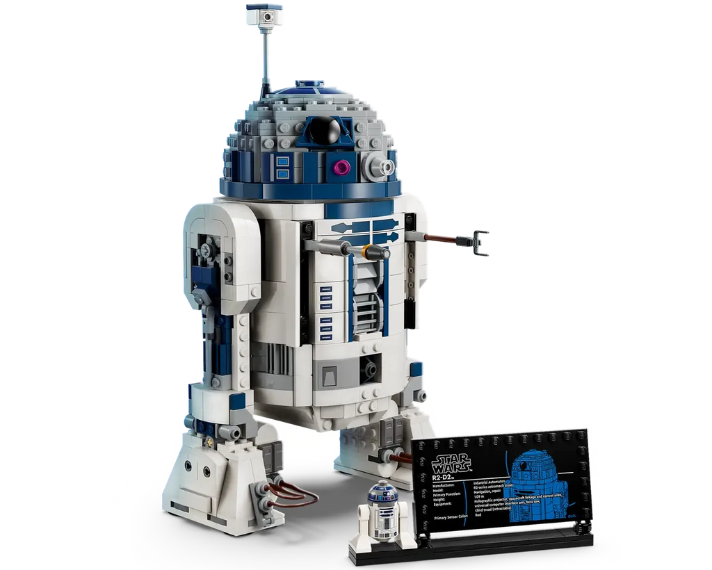 LEGO Star Wars R2-D2 set number 75379 with 1050 pieces, buildable droid model including display stand and minifigures