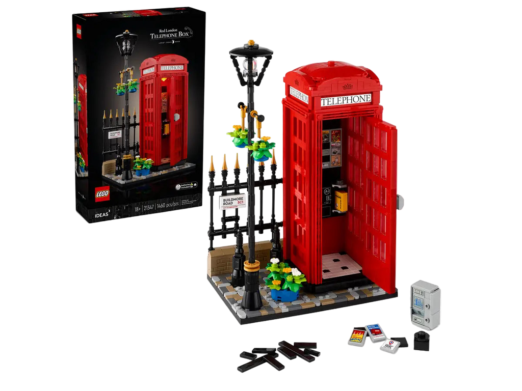 LEGO Ideas Red London Telephone Box set number 21347, 1460-piece buildable British icon with streetlamp and accessories.