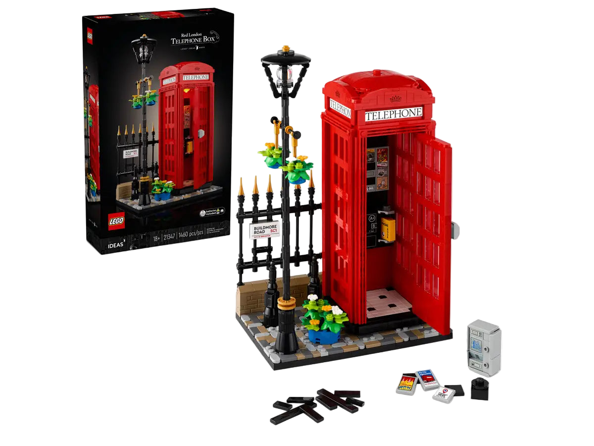 LEGO Ideas Red London Telephone Box set number 21347, 1460-piece buildable British icon with streetlamp and accessories.