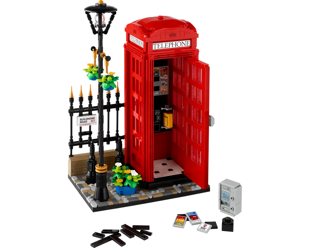 LEGO Ideas Red London Telephone Box set number 21347, 1460-piece buildable British icon with streetlamp and accessories.