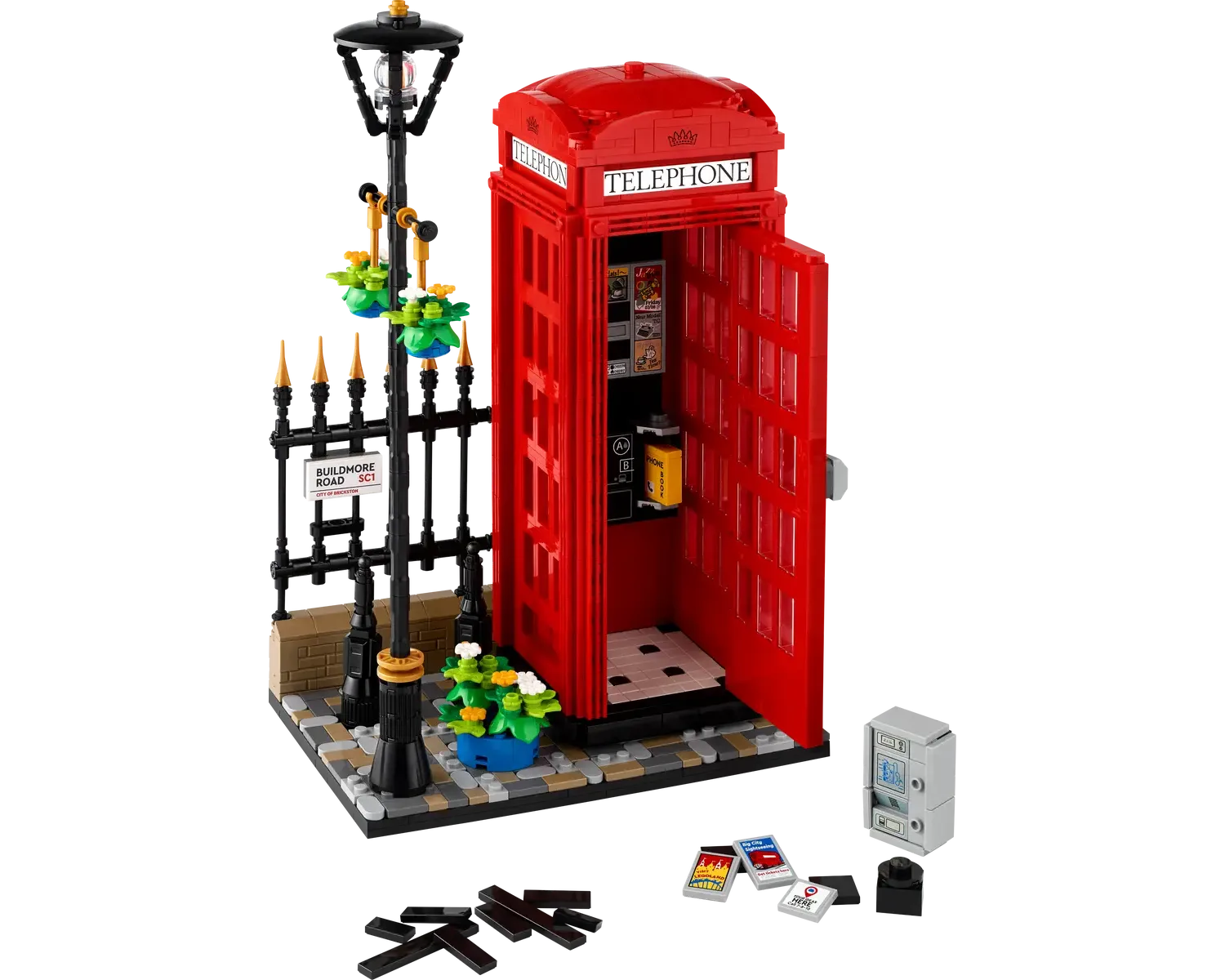 LEGO Ideas Red London Telephone Box set number 21347, 1460-piece buildable British icon with streetlamp and accessories.