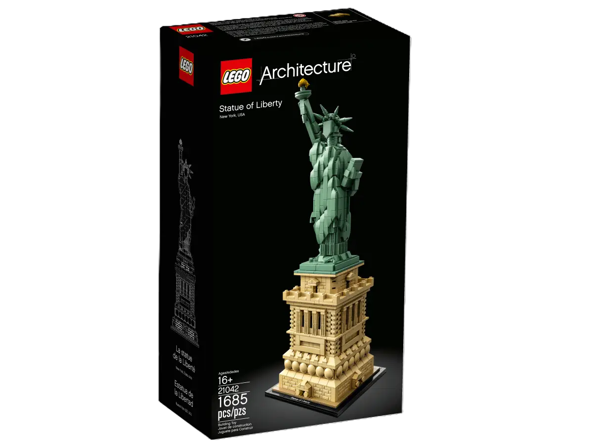 LEGO Architecture Statue of Liberty set number 21042, 1685-piece model of iconic New York landmark for adult builders.