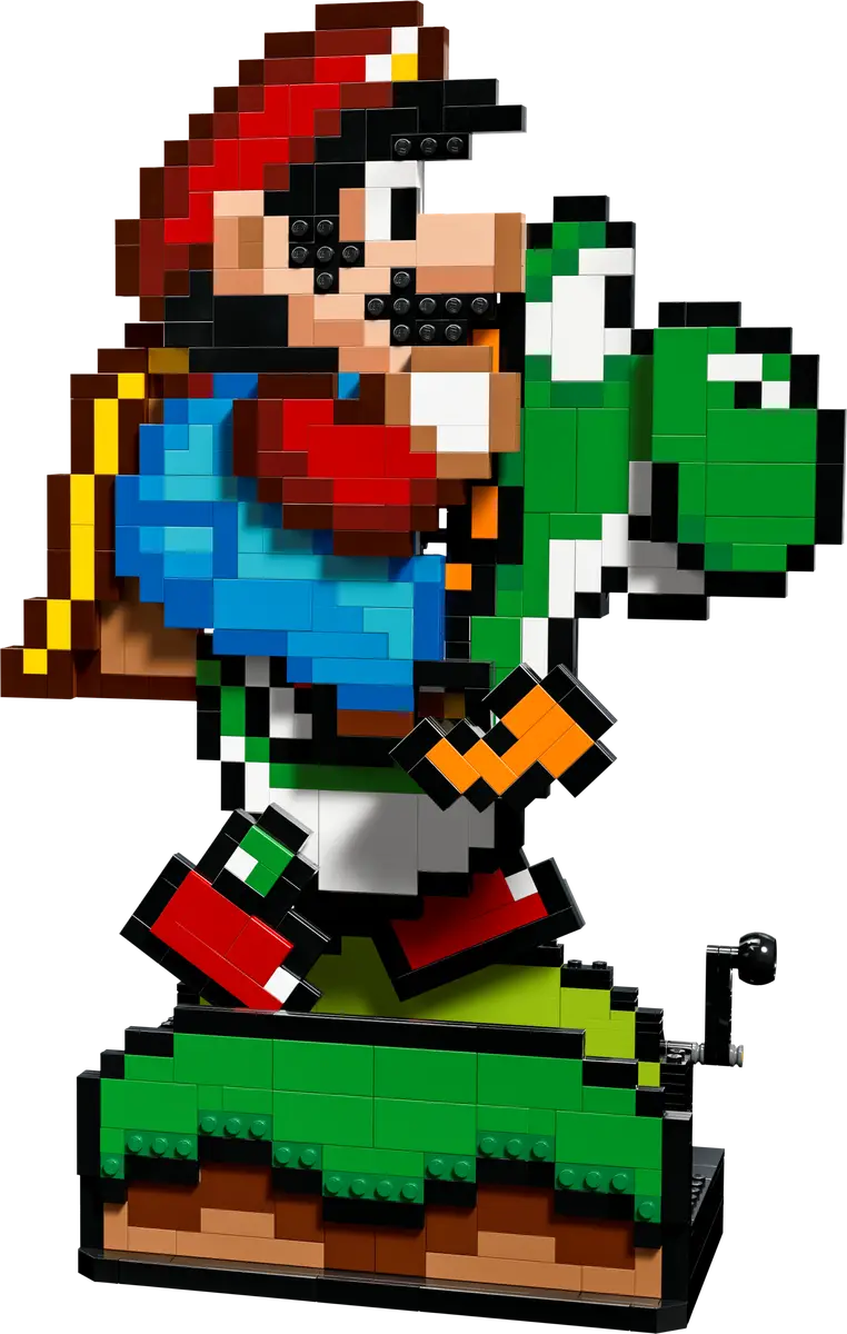 LEGO Super Mario World pixel art set featuring Mario riding Yoshi, inspired by classic Nintendo retro video game design.