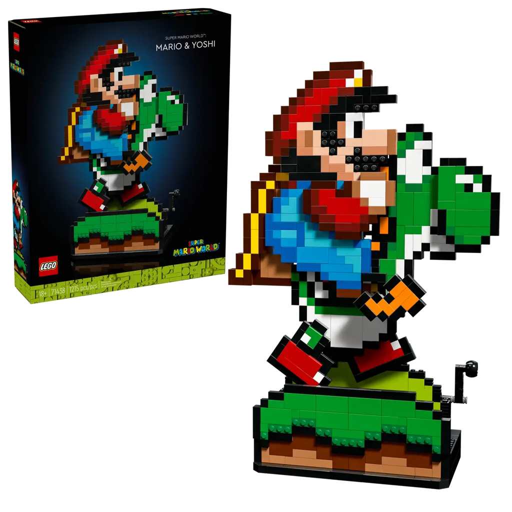 LEGO Super Mario World Mario & Yoshi set number 71438, pixel-style 1215-piece display model of classic Nintendo characters.