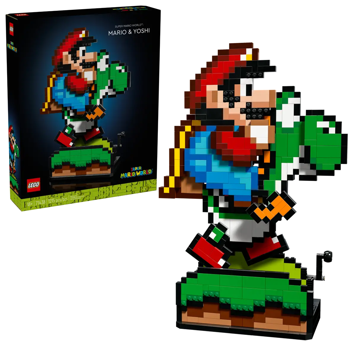 LEGO Super Mario World Mario & Yoshi set number 71438, pixel-style 1215-piece display model of classic Nintendo characters.
