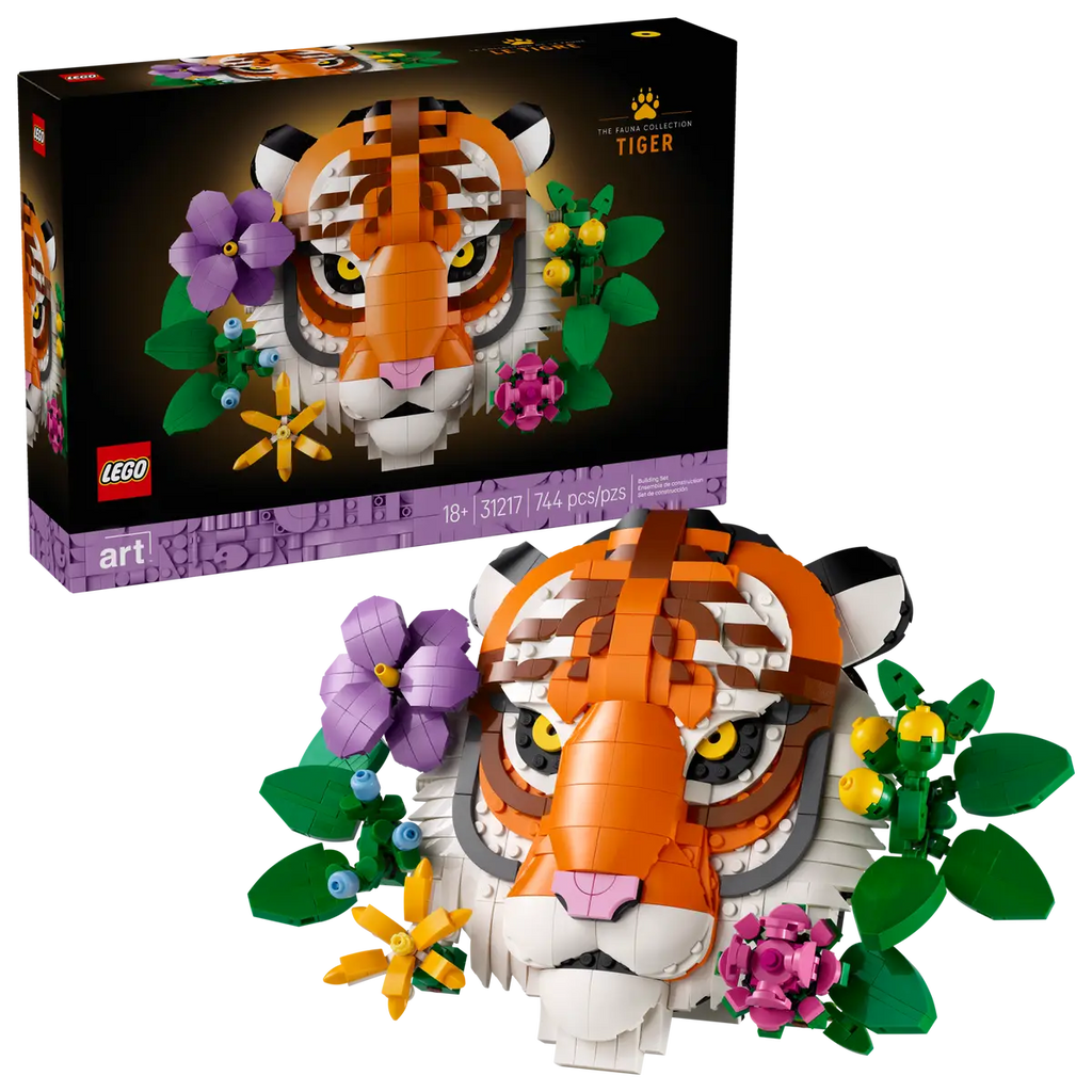 LEGO Art The Fauna Collection Tiger set number 31217, 744-piece 3D tiger head wall art with colourful flowers for adult builders.
