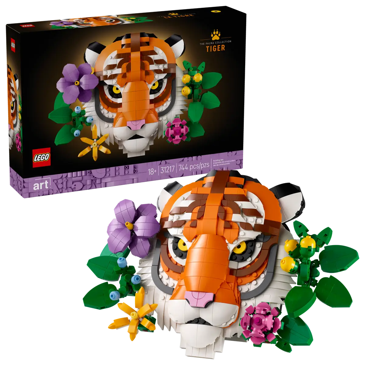 LEGO Art The Fauna Collection Tiger set number 31217, 744-piece 3D tiger head wall art with colourful flowers for adult builders.