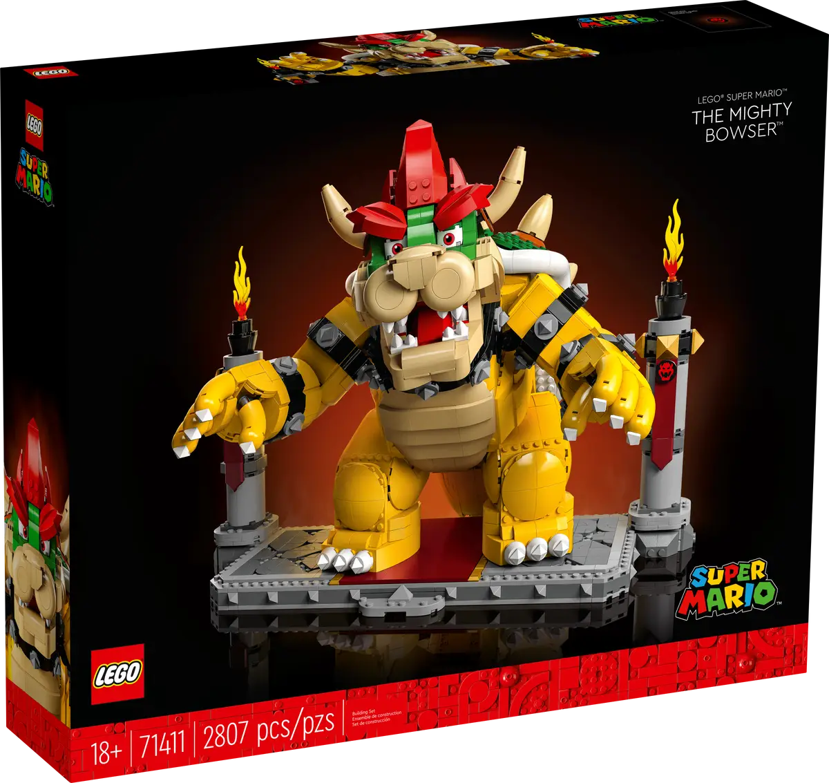LEGO Super Mario The Mighty Bowser set number 71411, 2807-piece buildable model of iconic Nintendo villain for adult fans.