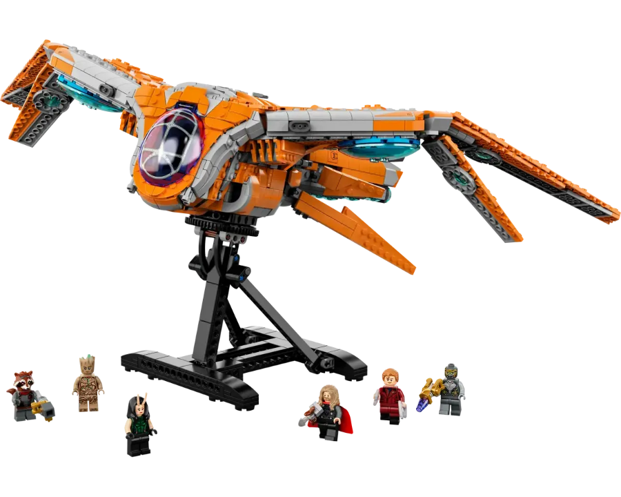 LEGO Marvel The Guardians’ Ship 76193 set featuring orange spaceship and minifigures from Guardians of the Galaxy