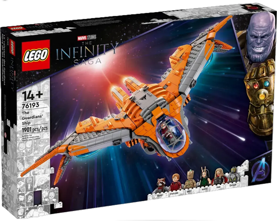 LEGO Marvel Infinity Saga Infinity War ship set packaging with spaceship and characters.