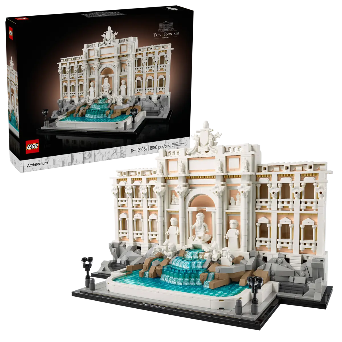 LEGO Architecture Trevi Fountain set number 21062, 1880-piece model of iconic Rome landmark for adult collectors.