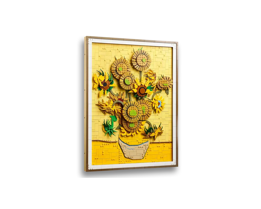 LEGO Vincent van Gogh Sunflowers set number 31215 – brick-built artwork recreating the famous sunflower painting with vibrant yellow flowers in a vase.