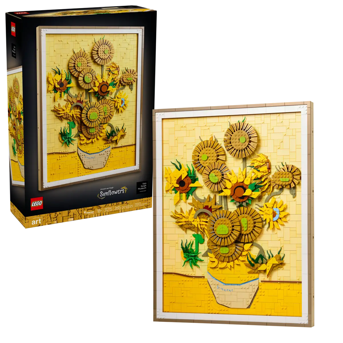 LEGO Vincent van Gogh Sunflowers set number 31215, creative brick-built artwork featuring iconic yellow sunflower painting in frame.