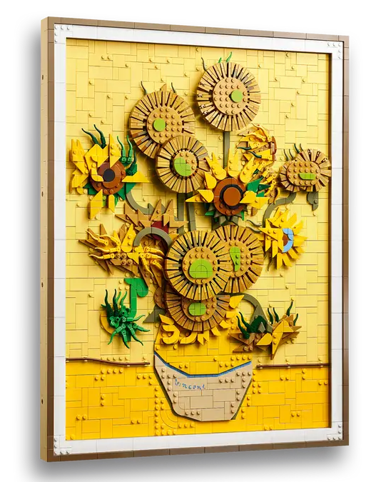LEGO Vincent van Gogh Sunflowers set number 31215 – brick-built artwork recreating the famous sunflower painting with vibrant yellow flowers in a vase.